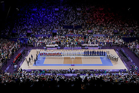 2024 Paris Olympics Men's volleyball: Silver medalists Poland, left, Bronze medalists the United States, right, and gold medalists France during the medal ceremony